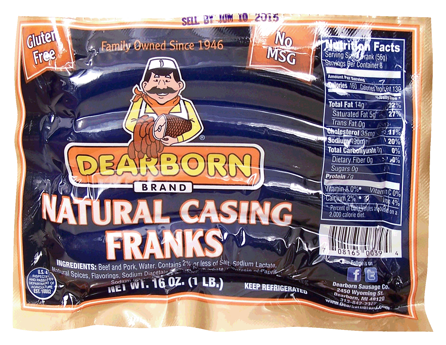 Dearborn  natural casing franks, 8-count, bunsize Full-Size Picture